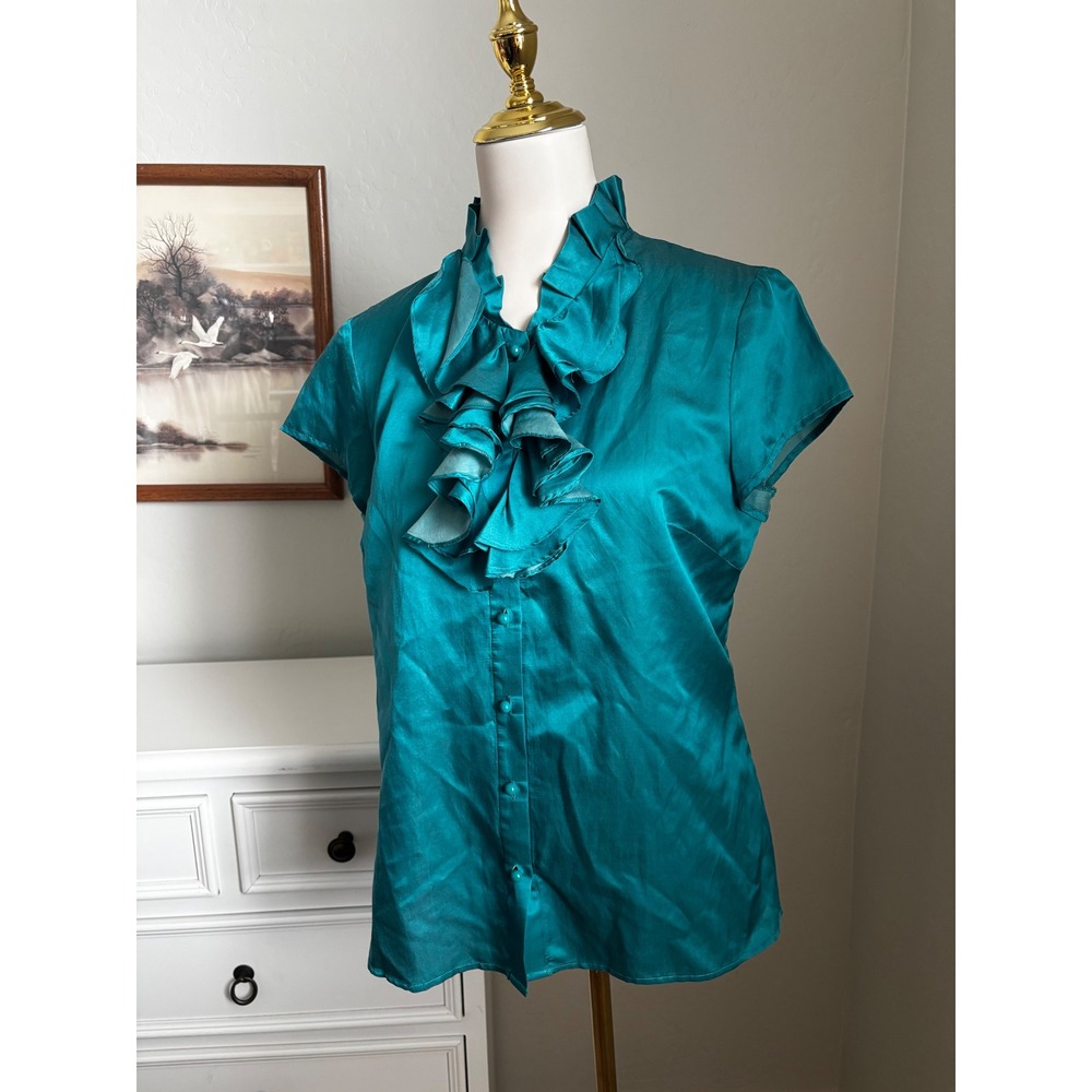 Talbots Teal Silk Blend Ruffle Neck Blouse Short Sleeve Satin Top Size 10